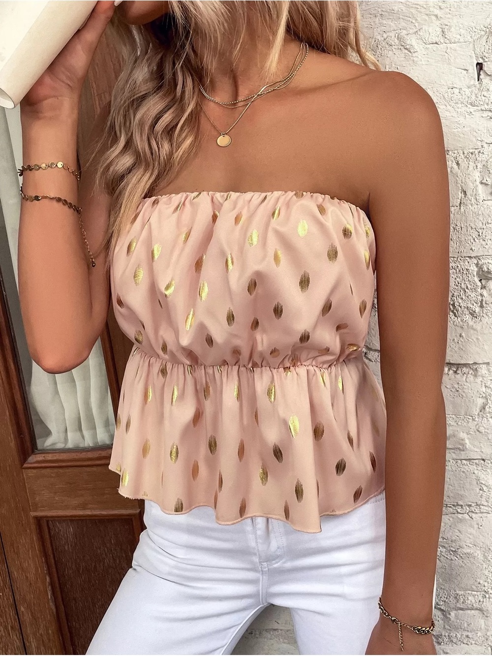 Strapless Pink Peplum top with Gold Foil Accents